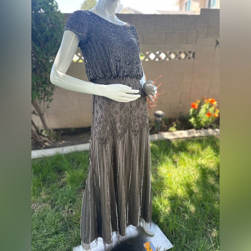 Adrianna Papell Olive Beaded Cap Sleeve Maxi Dress